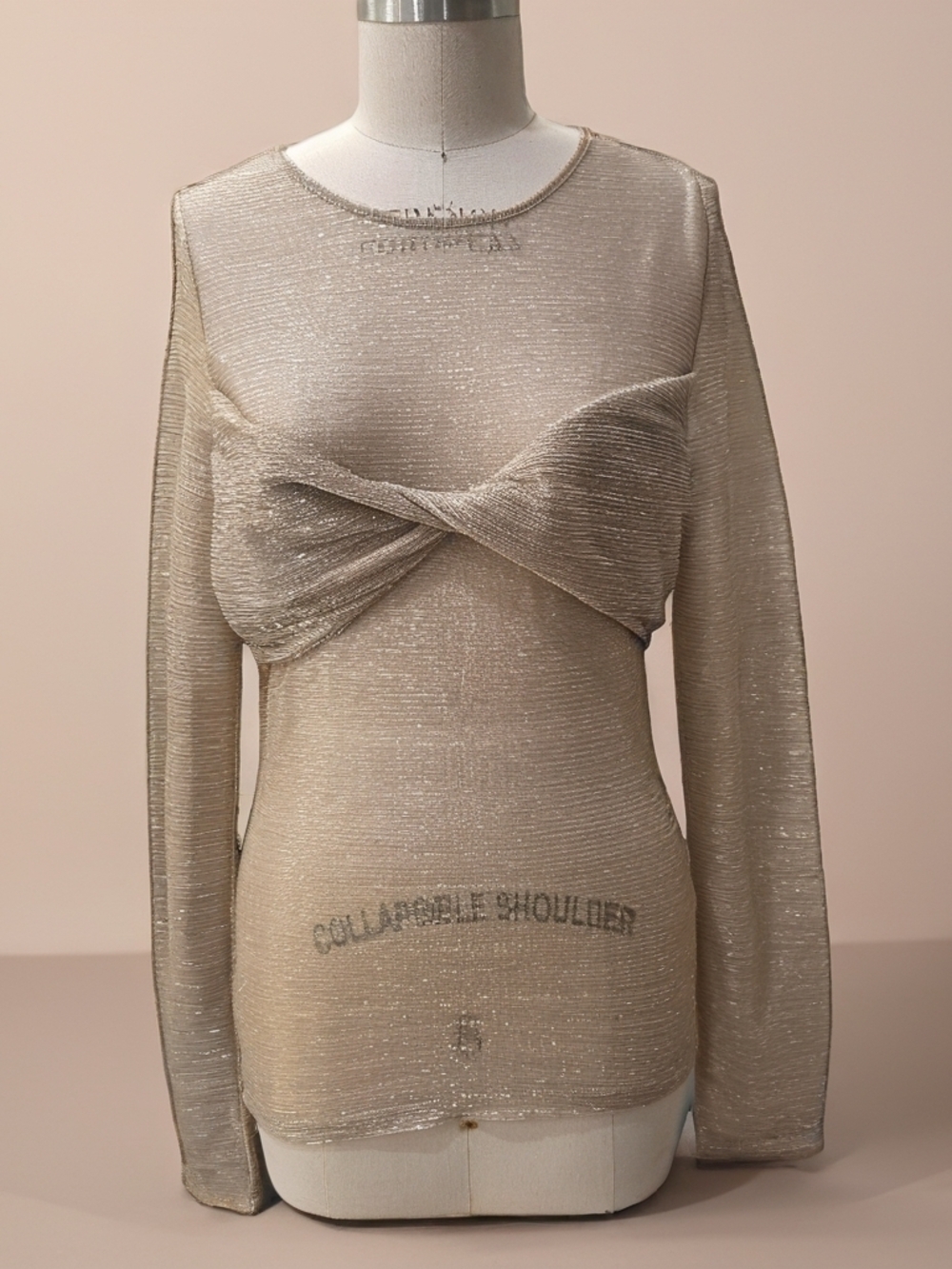 Anthropologie NWT Sheer Metallic Twist Front Long Sleeve Top - Champagne Size M - Picture 2 of 5